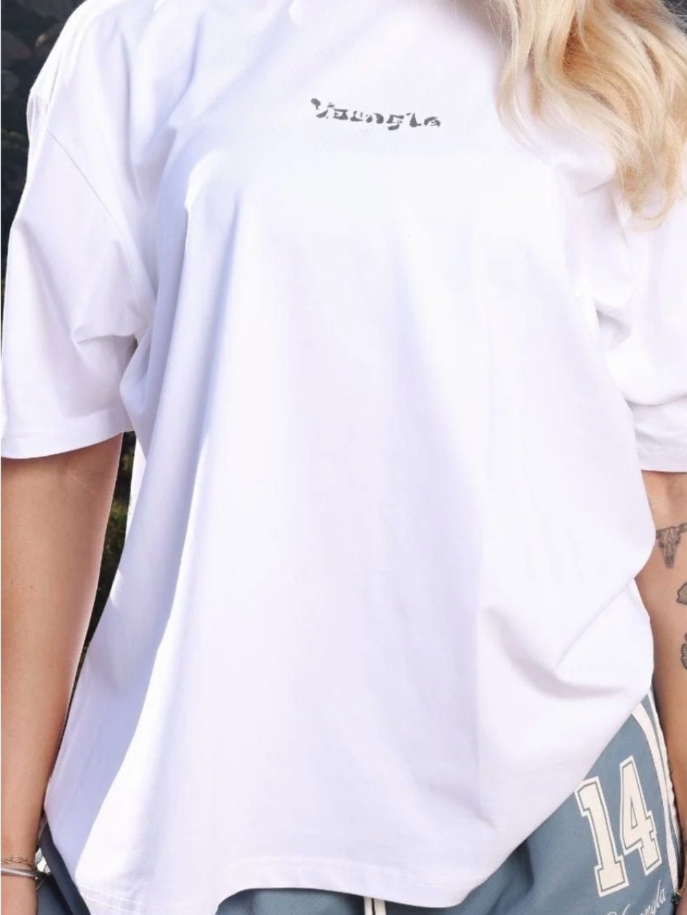 YoungLA White Oversized Women's Tee with Small Chest Logo